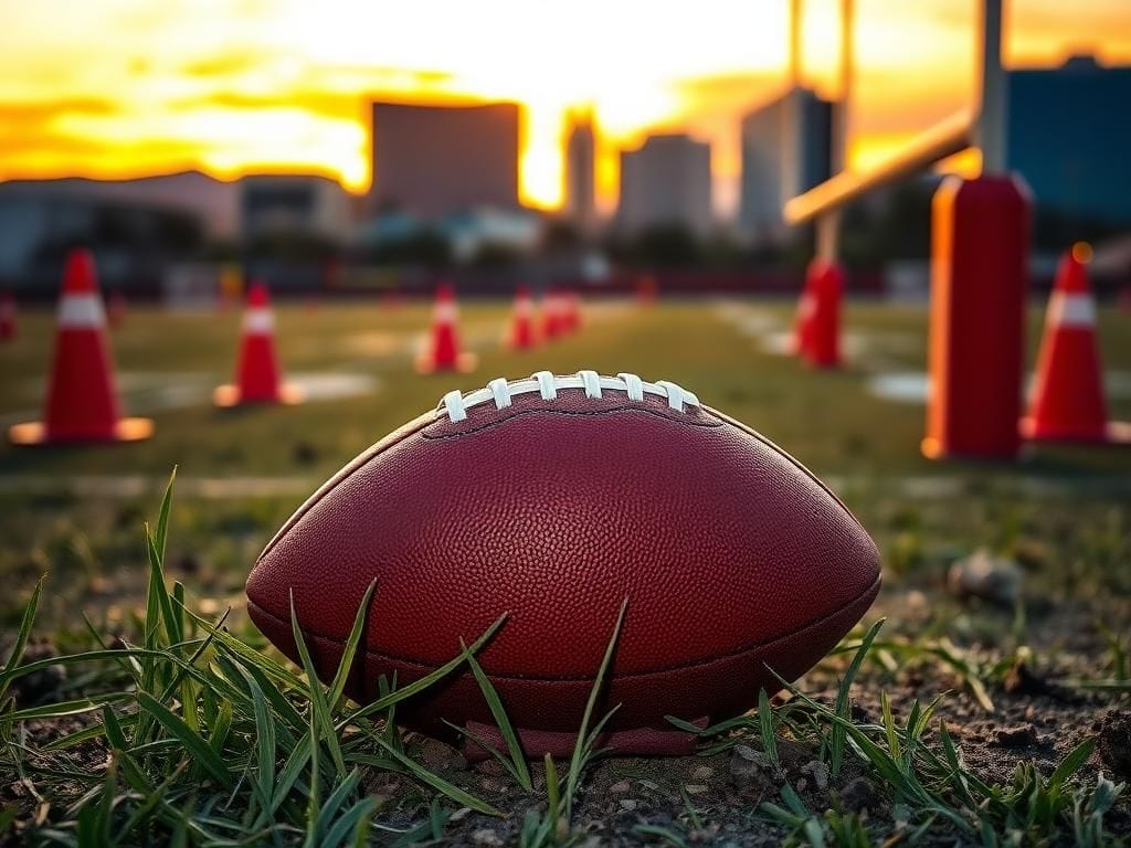 Flick International Close-up of a football on a field with Las Vegas skyline in the background