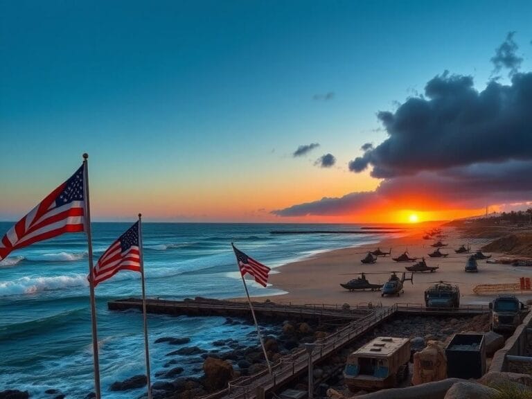 Flick International Dramatic coastal scene at Camp Pendleton with American flags and military equipment