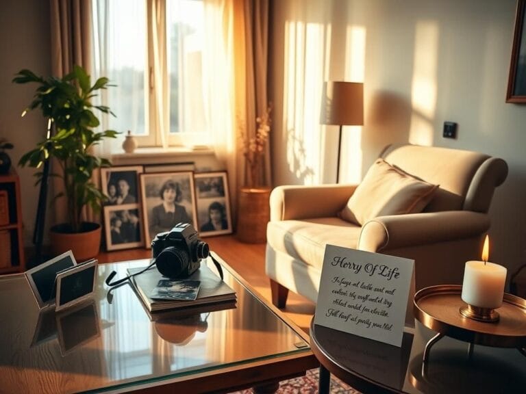 Flick International A serene living room with a vintage film camera and black-and-white photographs reflecting the legacy of Diane Keaton