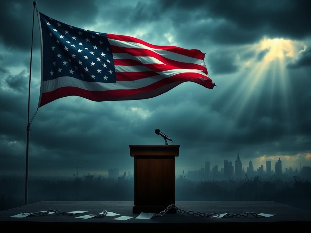 Flick International A large American flag unfurling against a stormy sky with an empty podium and scattered papers in the foreground