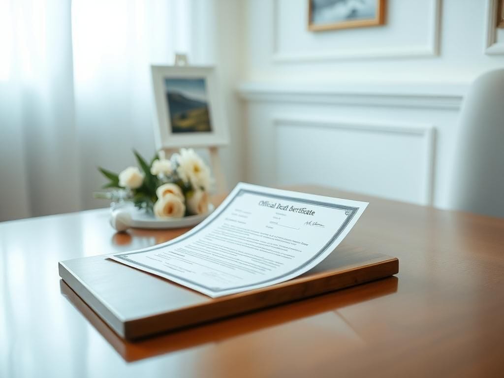 Flick International A solemn room with a death certificate emphasizing Diane Keaton's passing