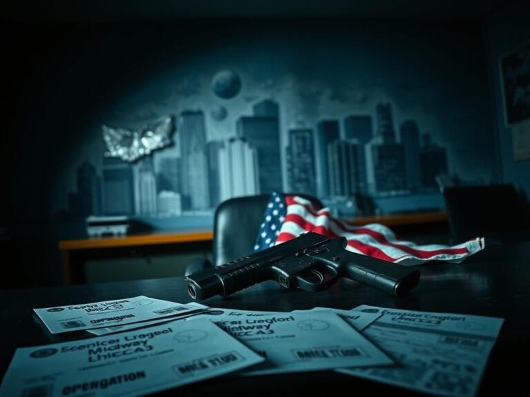 Flick International Shadowy representation of a suburban Chicago police station with a police badge and firearm