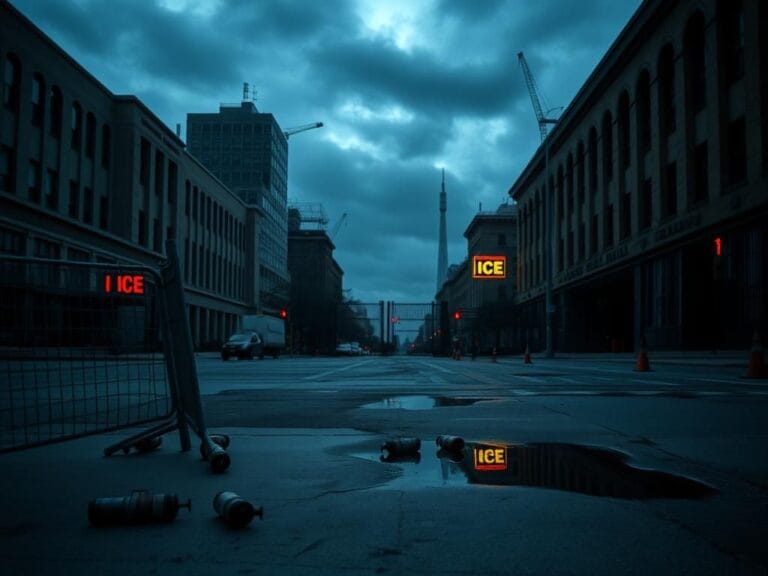 Flick International A dramatic urban scene in Chicago showing an empty street with federal buildings and a police barricade