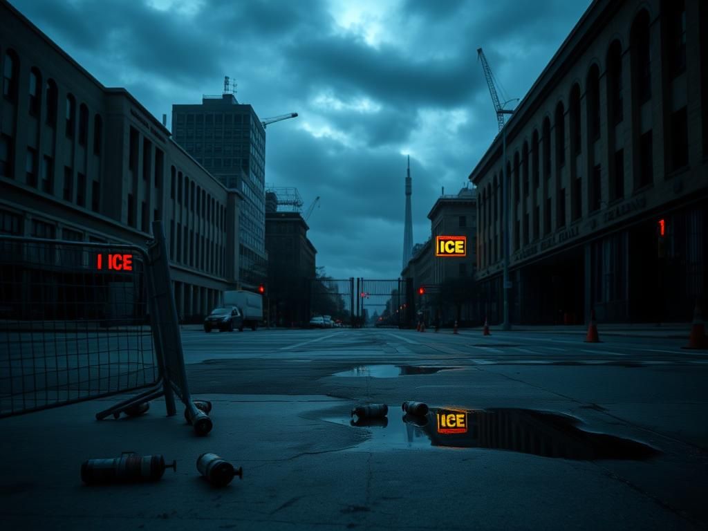 Flick International A dramatic urban scene in Chicago showing an empty street with federal buildings and a police barricade