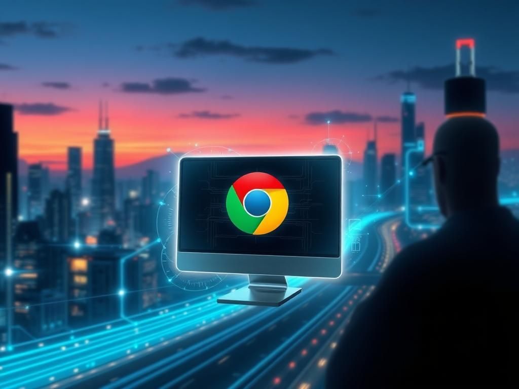 Flick International Digital illustration of a futuristic cityscape with a Chrome logo and data security motifs