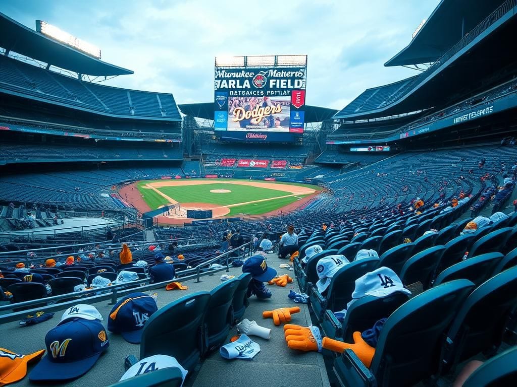 Flick International Empty section of American Family Field with scattered Milwaukee Brewers and Los Angeles Dodgers merchandise left behind
