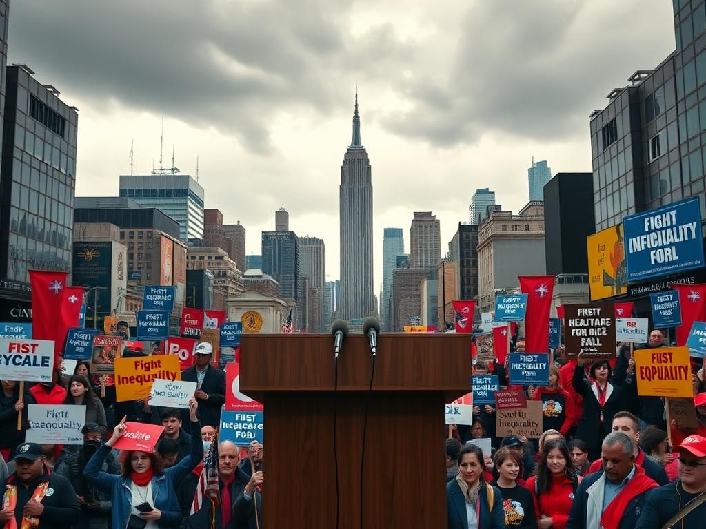 Flick International An empty podium surrounded by progressive banners in a bustling urban setting