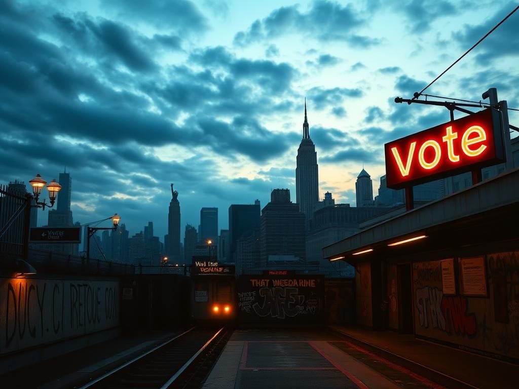 Flick International Dramatic New York City skyline at dusk with iconic landmarks silhouetted