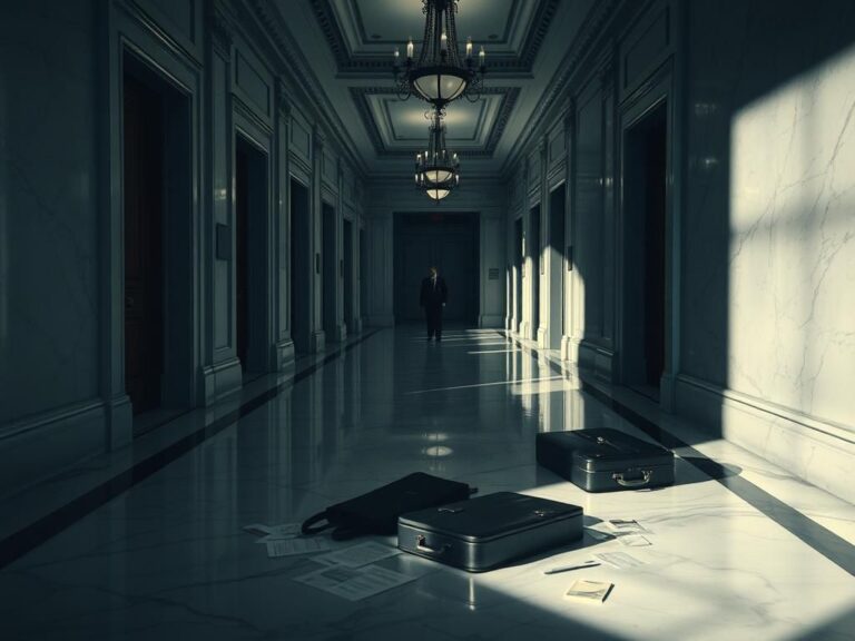 Flick International Dimly lit hallway in the Russell Senate Office Building with a fallen briefcase and scattered papers