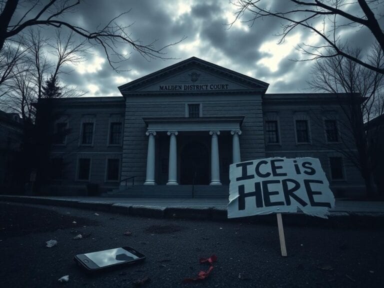Flick International Dramatic exterior of the Malden District Court with ominous clouds overhead