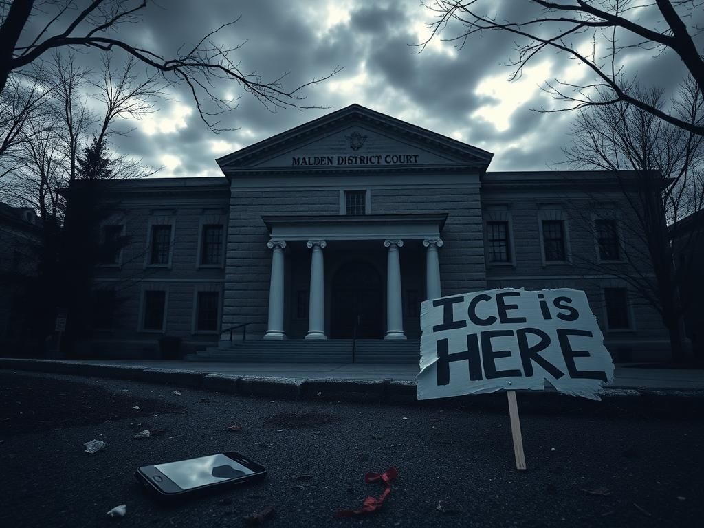 Flick International Dramatic exterior of the Malden District Court with ominous clouds overhead