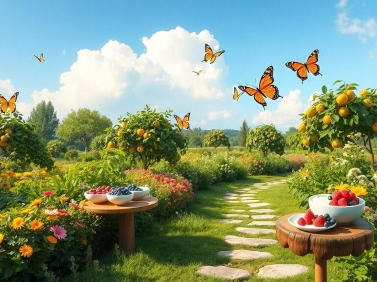 Flick International Serene garden representing healthy aging and longevity with vibrant flowers and fruit trees.