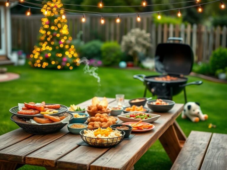 Flick International Cozy backyard barbecue setting with a rustic picnic table and festive decorations