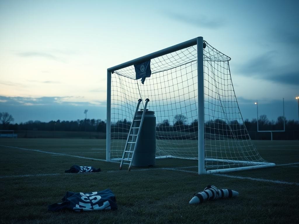 Flick International Empty soccer goal post with crutches and discarded jerseys reflecting a player's injury