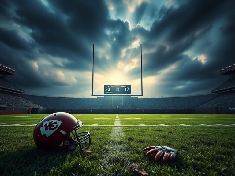 Flick International A dramatic scene of an empty football field with a fallen helmet and gloves after the Chiefs vs. Lions game