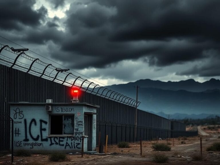 Flick International A dark, heavily fortified U.S.-Mexico border wall with barbed wire and security cameras looming overhead, featuring an abandoned ICE facility in the foreground.