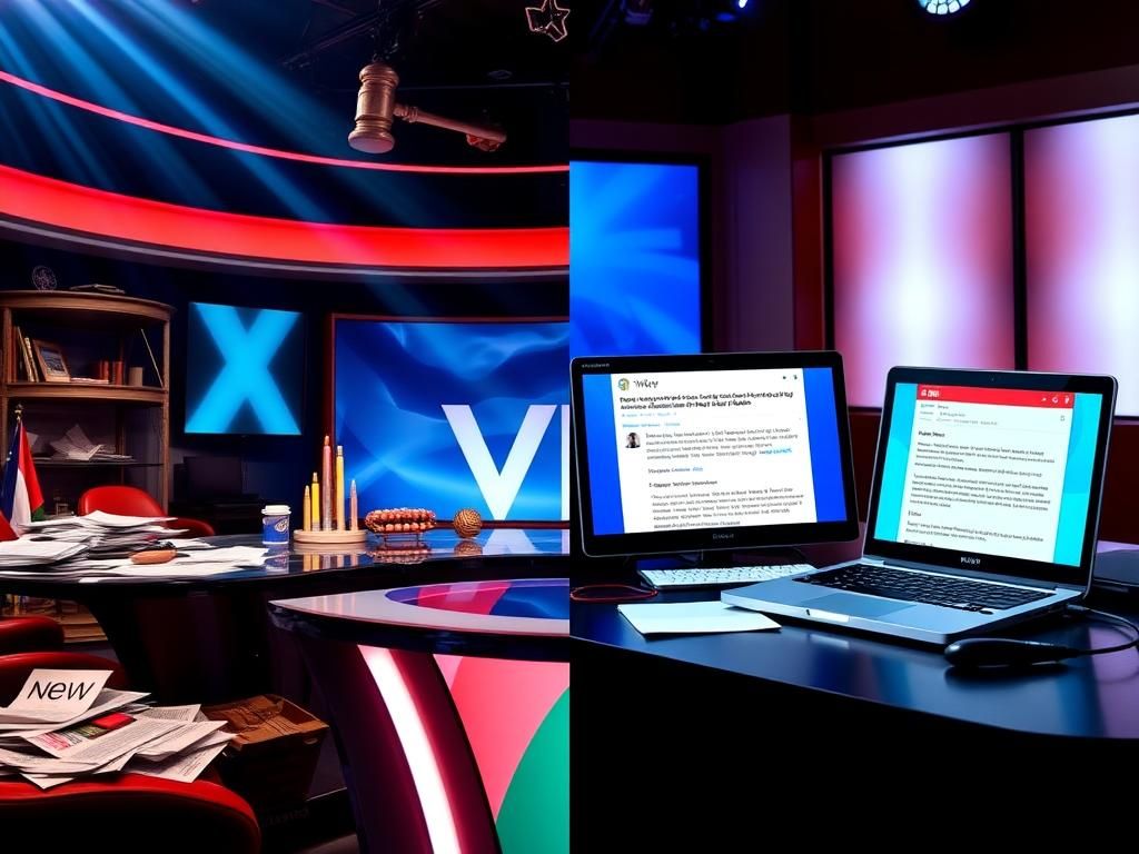 Flick International A split-screen showing contrasting views with a cluttered newsroom and a well-organized conservative desk