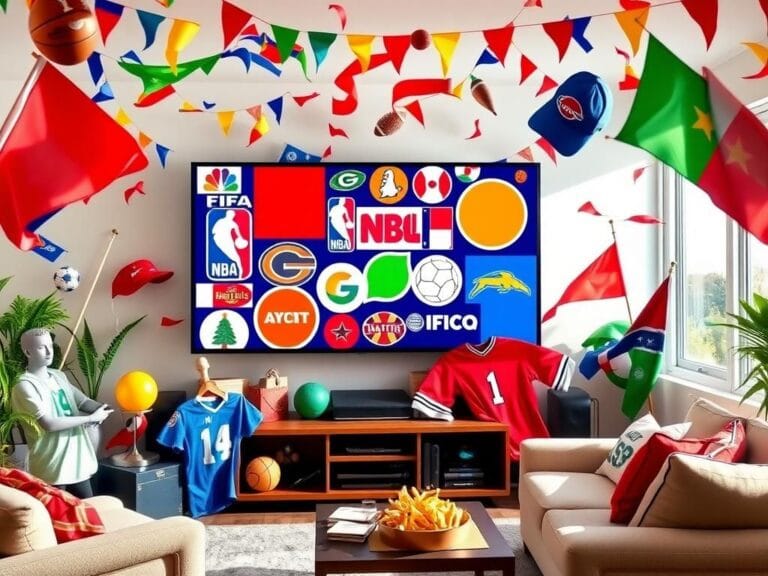 Flick International A vibrant living room scene featuring a large TV displaying popular sports logos alongside sports equipment.