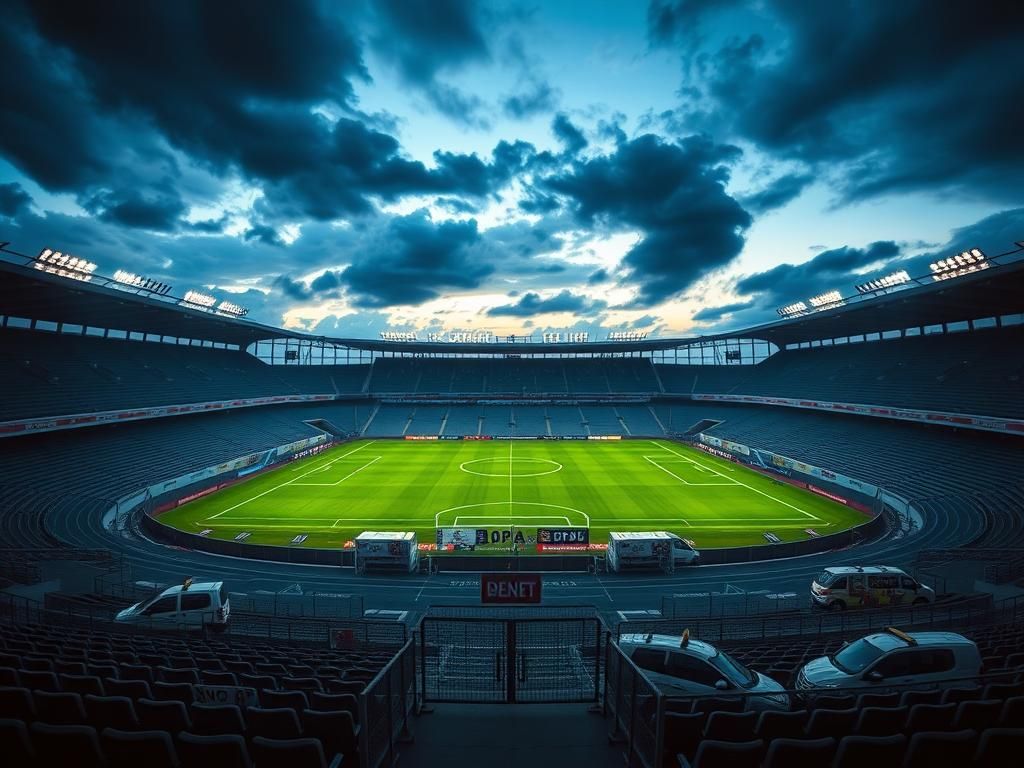 Flick International Dramatic twilight scene of a soccer stadium with empty stands and a vibrant pitch, showcasing Maccabi Tel Aviv banners.