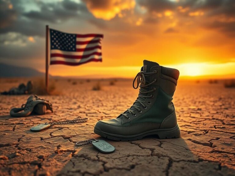 Flick International Artistic depiction of a military boot in a desert landscape with faded American flag