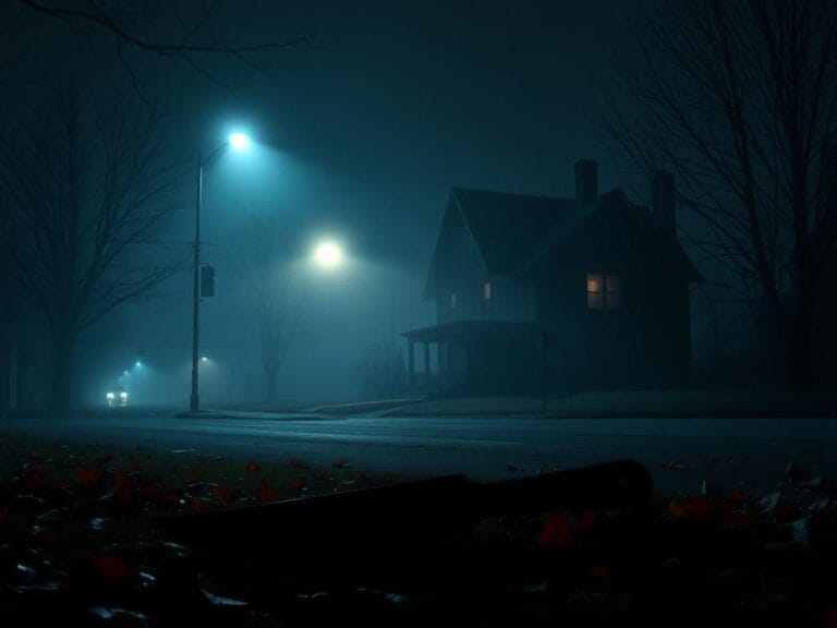 Flick International A dark, moody scene of a quiet house on King Road in Moscow, Idaho, with a shadowy knife sheath among autumn leaves.
