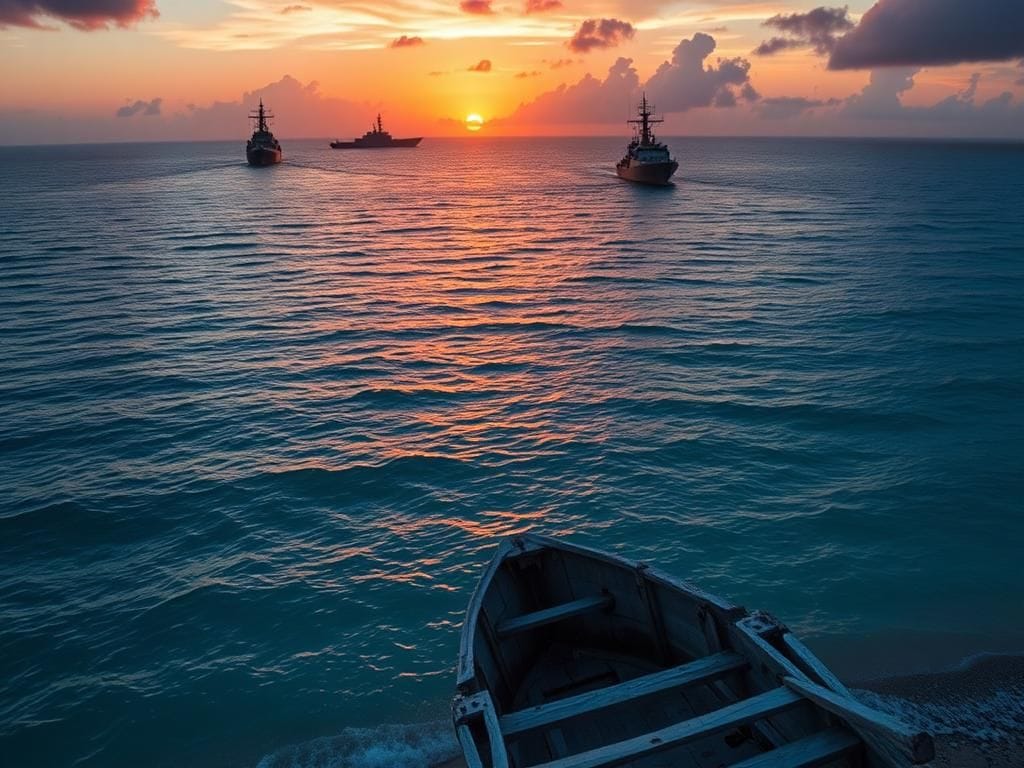 Flick International Aerial view of the Caribbean Sea at sunset with silhouettes of naval vessels
