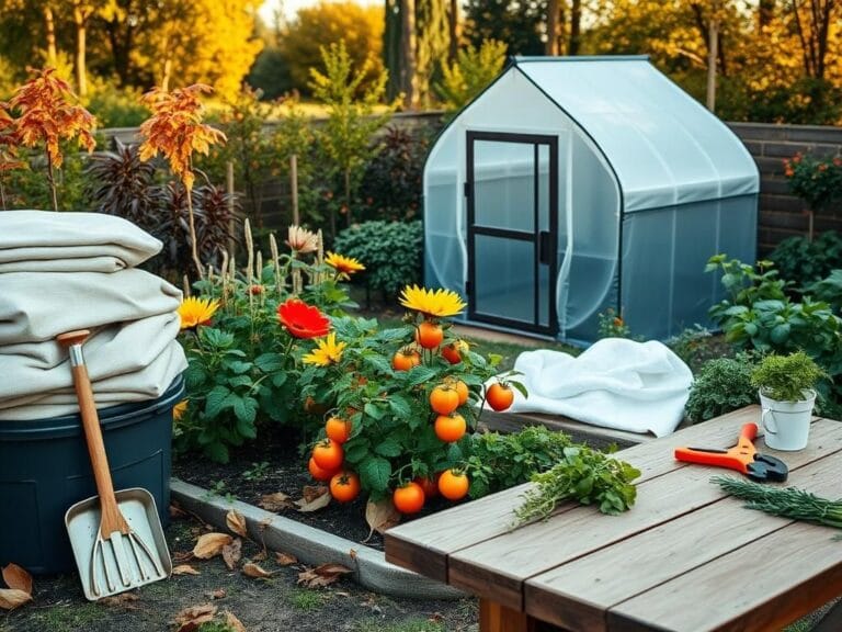 Flick International A serene autumn garden scene showcasing colorful fall plants and gardening tools.