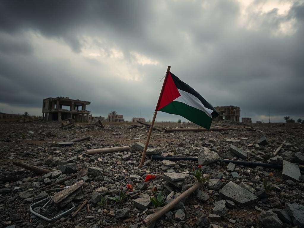 Flick International A desolate landscape in Gaza with rubble and a Palestinian flag symbolizing resilience