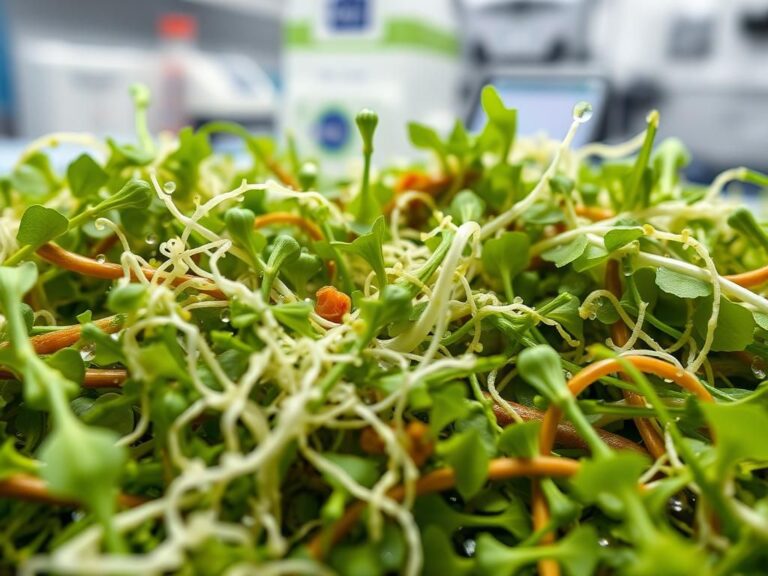 Flick International Close-up of vibrant green plant-based ingredients combined with white mycelium strands symbolizing innovative food technology.