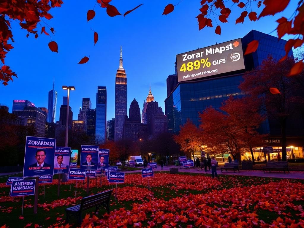 Flick International Vibrant New York City skyline at dusk with campaign signs for Zohran Mamdani and Andrew Cuomo