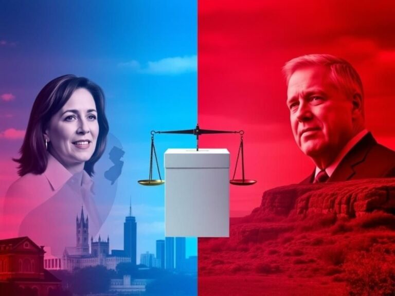 Flick International A split image illustrating the contrasting political landscape of New Jersey's gubernatorial race, featuring symbols of both candidates.