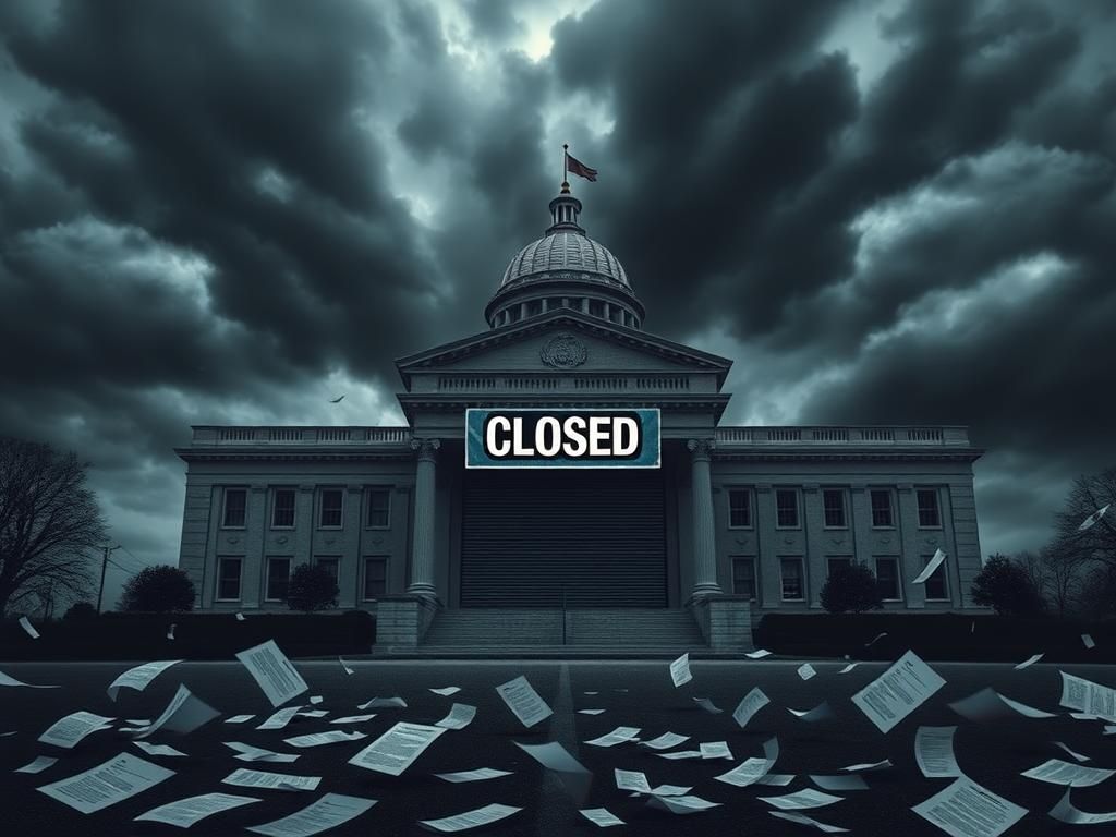 Flick International Partially closed government building with a 'CLOSED' sign under a stormy sky