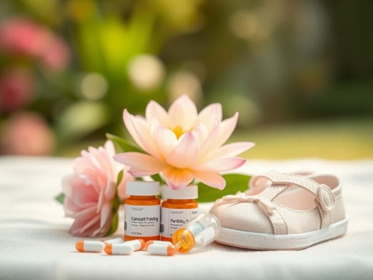 Flick International A close-up of a blooming flower symbolizing new life in a tranquil garden setting, with fertility medications and baby shoes present.