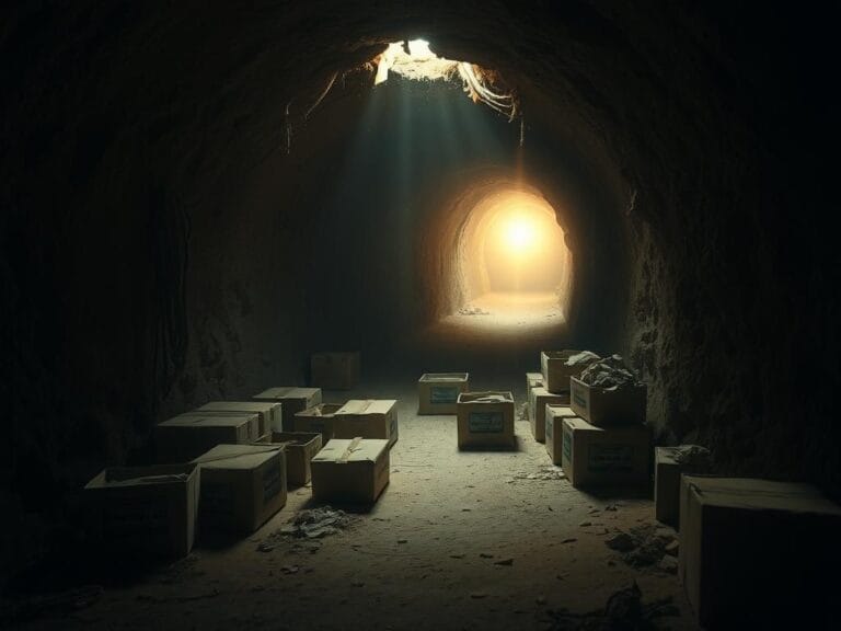 Flick International Dimly lit underground tunnel representing the harsh conditions faced by Israeli hostages held by Hamas.