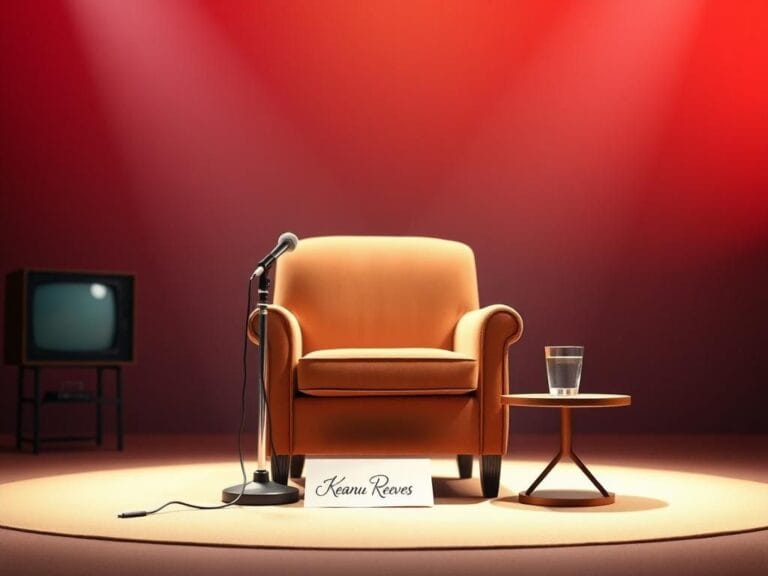 Flick International A minimalist stage set with a plush armchair and an empty microphone, symbolizing a challenging interview atmosphere.