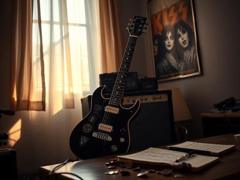 Flick International Iconic electric guitar resting against an amplifier in a dimly lit music studio