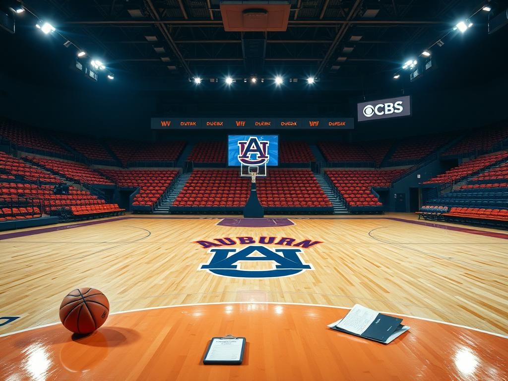 Flick International Empty basketball arena featuring Auburn Tigers logo and CBS Sports screen