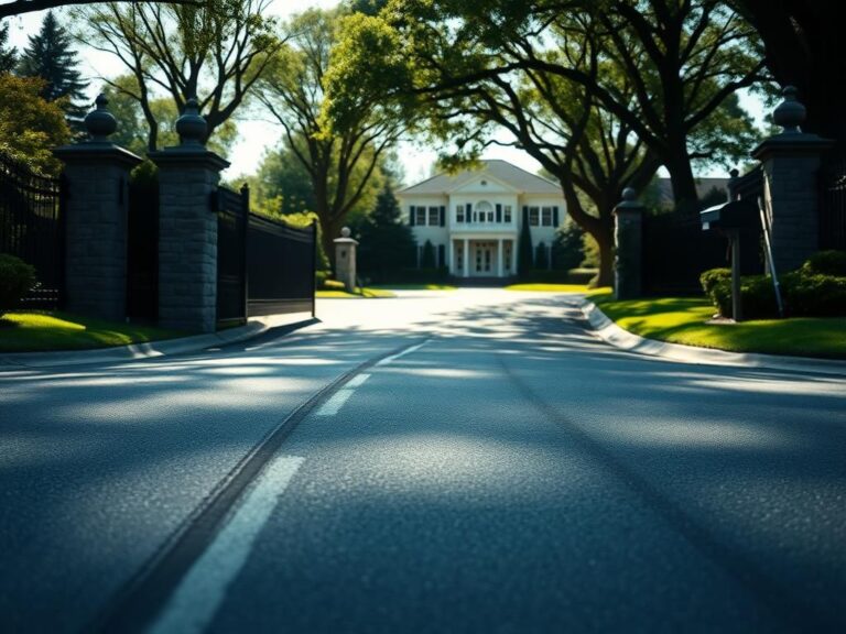 Flick International Close-up of tire tracks on pavement outside an elegant home in a quiet neighborhood.