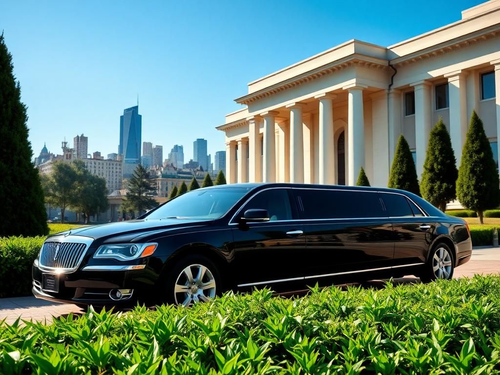 Flick International Luxurious black limousine parked outside a modern government building