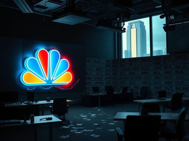 Flick International Dimly lit newsroom with empty editorial desks and a broken NBC neon sign