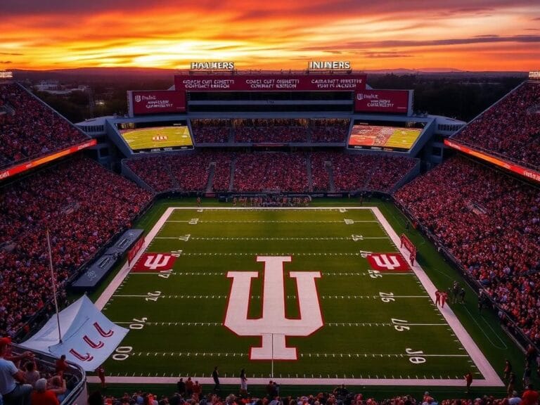 Flick International Aerial view of a vibrant Indiana University football stadium filled with cheering fans during sunset