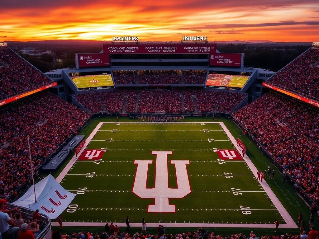 Flick International Aerial view of a vibrant Indiana University football stadium filled with cheering fans during sunset