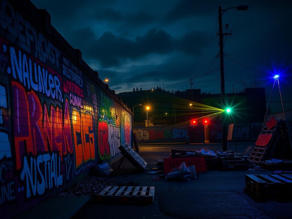 Flick International Moody urban night scene depicting protest against ICE and Trump in Portland
