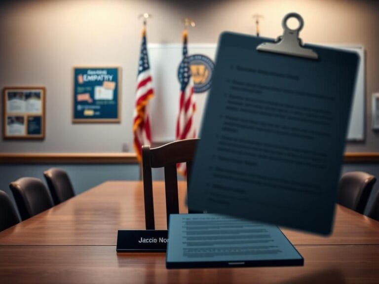 Flick International School board meeting room with empty chair and nameplate for Jackie Norris