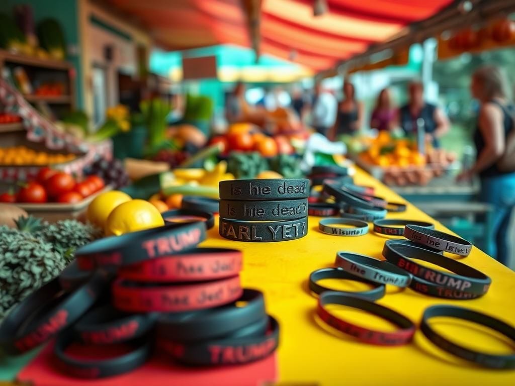 Flick International Close-up of a brightly colored farmers market booth showcasing dark bracelets with anti-Trump messages