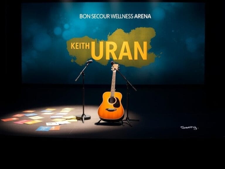 Flick International A dimly lit stage with a beautiful acoustic guitar, microphones, and colorful setlists, symbolizing the canceled concert