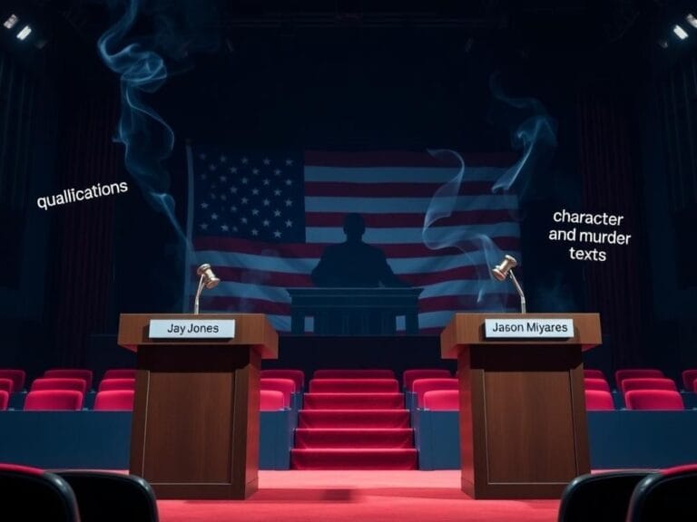 Flick International Dramatic political debate scene featuring empty podiums labeled 'Jay Jones' and 'Jason Miyares' against a backdrop of a faded American flag
