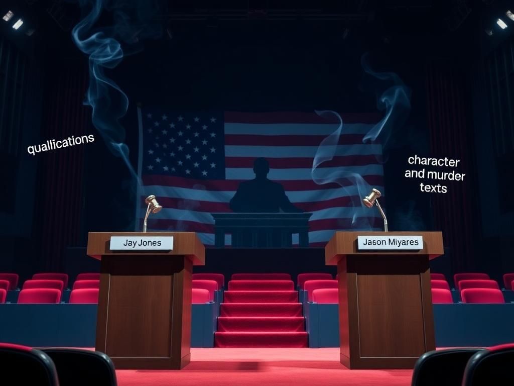 Flick International Dramatic political debate scene featuring empty podiums labeled 'Jay Jones' and 'Jason Miyares' against a backdrop of a faded American flag