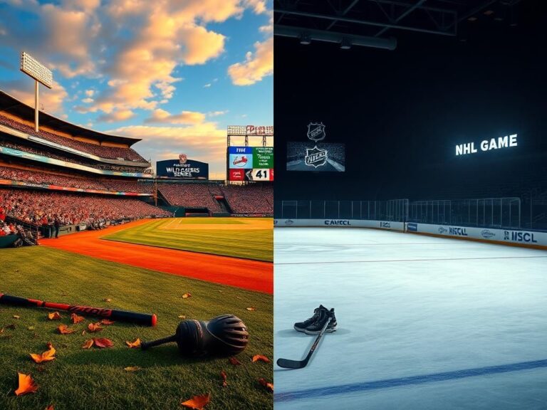Flick International A split-scene image contrasting MLB playoffs with NHL regular-season games, showcasing a vibrant baseball stadium and a dimly lit ice rink.