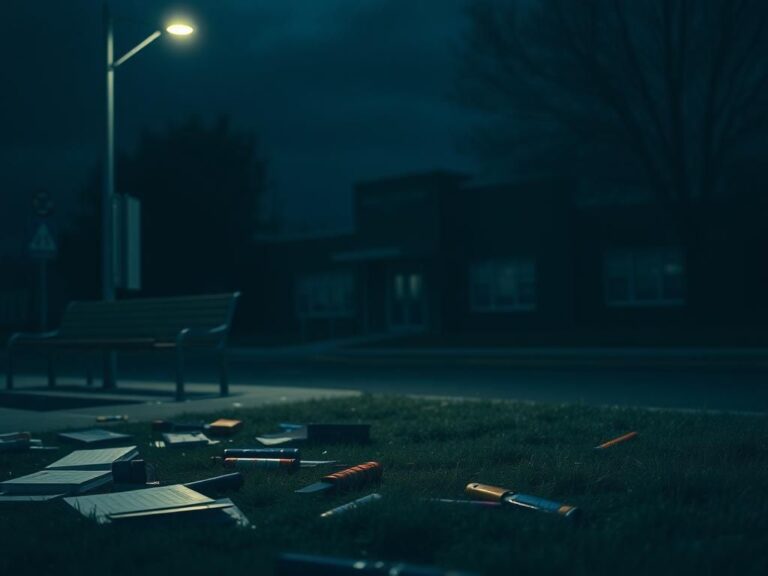 Flick International Dark, empty bus stop illuminated by a dim streetlight with scattered school supplies
